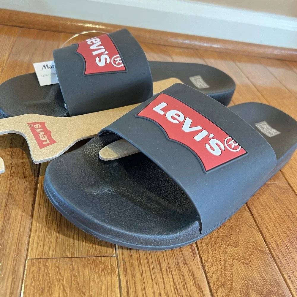 LEVIS Men Batwing Slide sz 11 Black Synthetic Slippers Logo Water Resistant  NEW